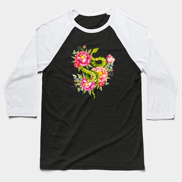 Peony Blossoms, Buds And A Green Garden Snake Baseball T-Shirt by LittleBunnySunshine